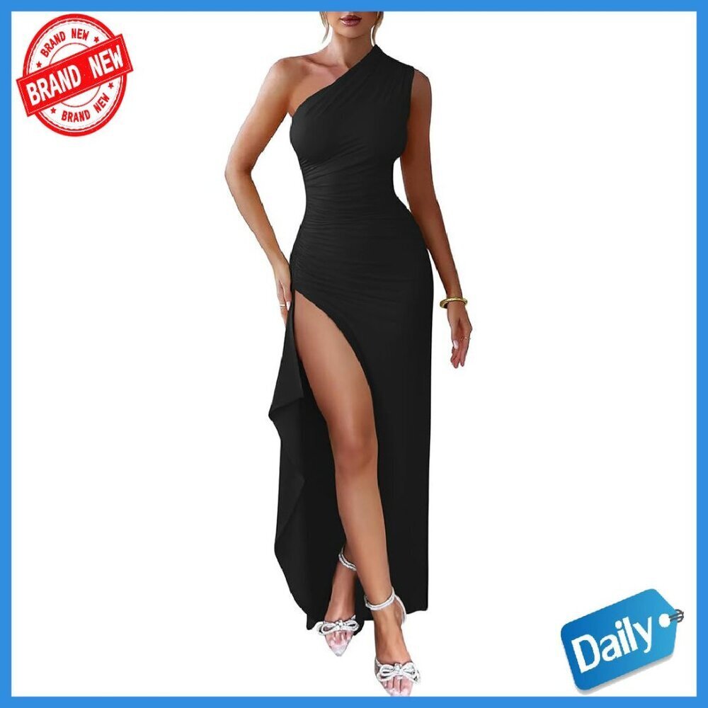 One Shoulder Bodycon Cocktail Dress with High Slit, Size S